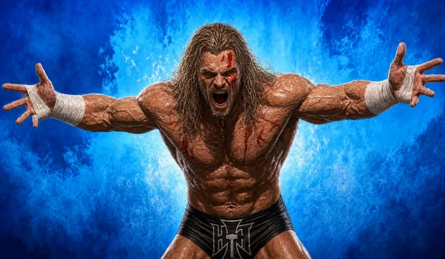 Key art: a battle-worn veteran wrestler roars with arms spread wide against a blue backdrop